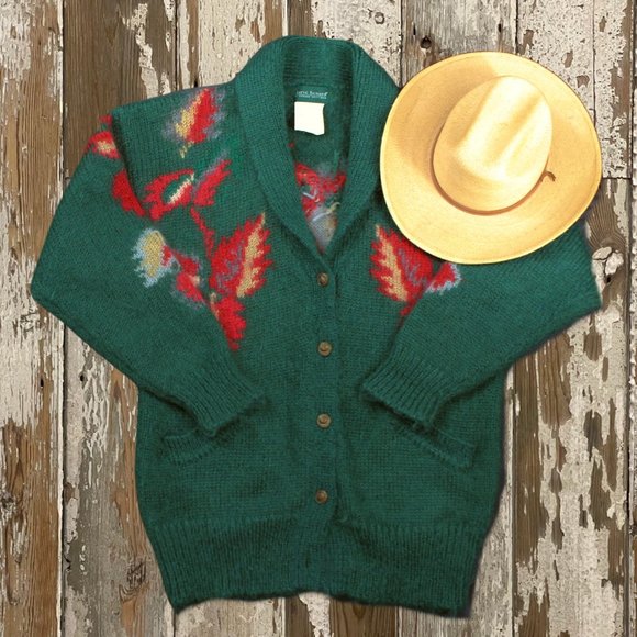 Vintage - Harve Benard Sweaters - Vintage 90s Mohair Cardigan Sweater Shawl Collar Ribbed Knit Green Leafs Pockets